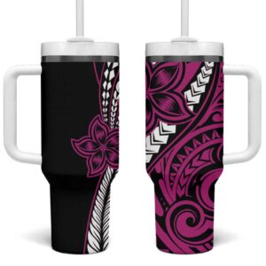 Polynesian Plumeria Floral Tattoo Pink Custom Stanley Quencher 40oz Stainless Steel Tumbler With Handle - Threewoofs