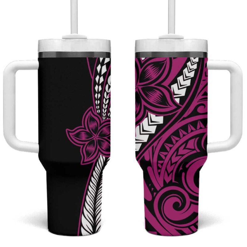Polynesian Plumeria Floral Tattoo Pink Custom Stanley Quencher 40oz Stainless Steel Tumbler With Handle - Threewoofs