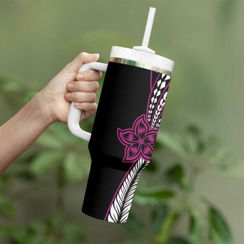 Polynesian Plumeria Floral Tattoo Pink Custom Stanley Quencher 40oz Stainless Steel Tumbler With Handle - Threewoofs - Image 3