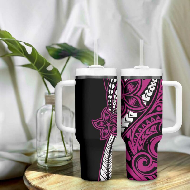 Polynesian Plumeria Floral Tattoo Pink Custom Stanley Quencher 40oz Stainless Steel Tumbler With Handle - Threewoofs - Image 9