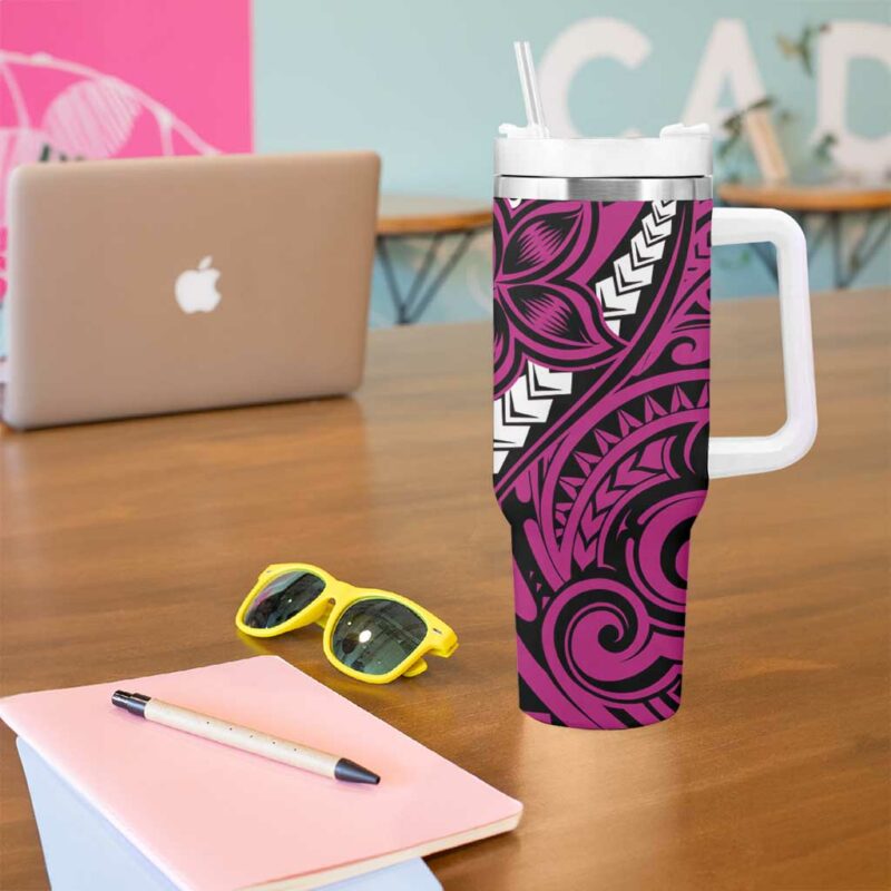 Polynesian Plumeria Floral Tattoo Pink Custom Stanley Quencher 40oz Stainless Steel Tumbler With Handle - Threewoofs - Image 5