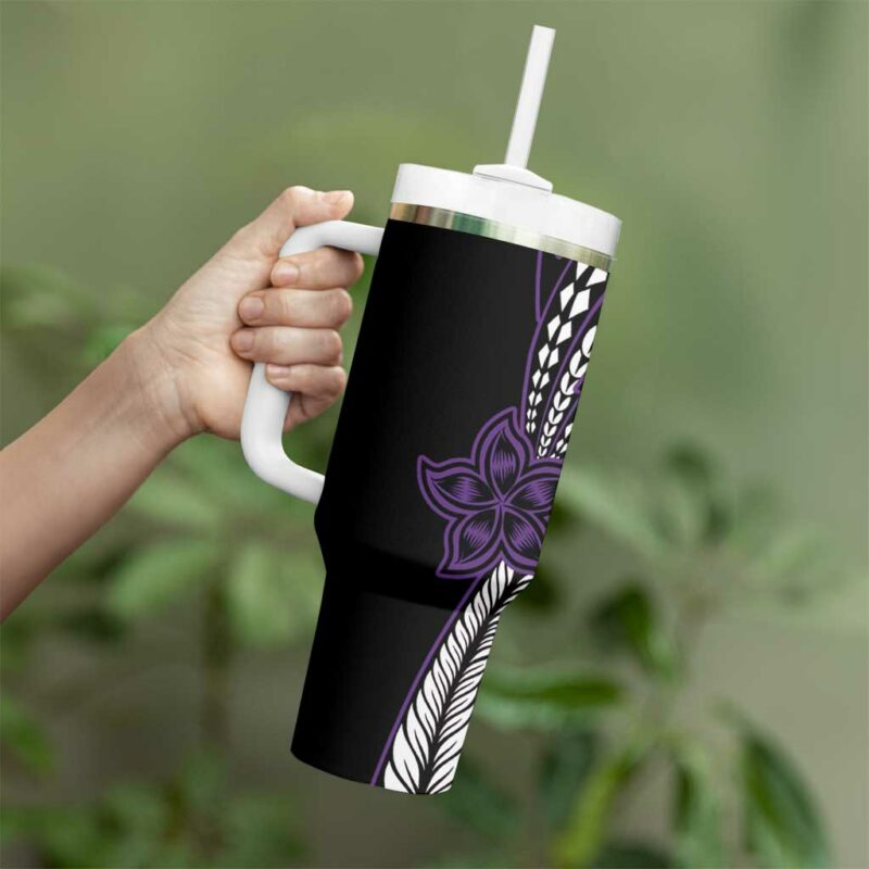 Polynesian Plumeria Floral Tattoo Purple Custom Stanley Quencher 40oz Stainless Steel Tumbler With Handle - Threewoofs - Image 3