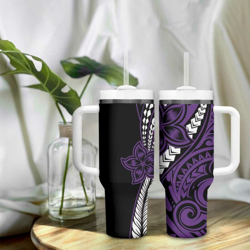 Polynesian Plumeria Floral Tattoo Purple Custom Stanley Quencher 40oz Stainless Steel Tumbler With Handle - Threewoofs - Image 9