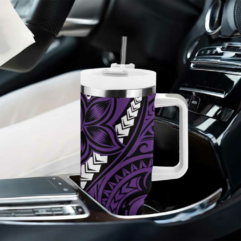 Polynesian Plumeria Floral Tattoo Purple Custom Stanley Quencher 40oz Stainless Steel Tumbler With Handle - Threewoofs - Image 8