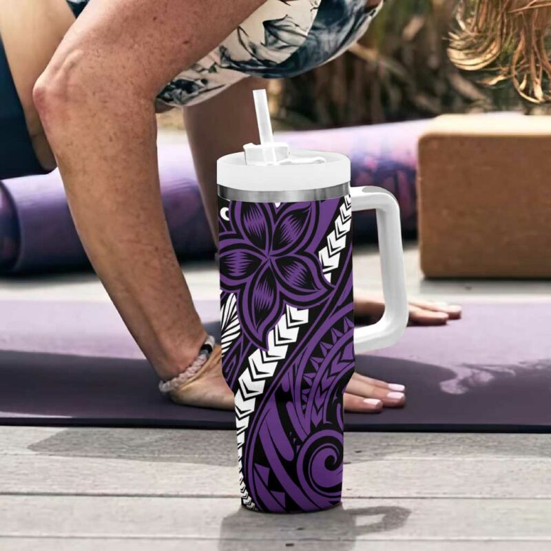 Polynesian Plumeria Floral Tattoo Purple Custom Stanley Quencher 40oz Stainless Steel Tumbler With Handle - Threewoofs - Image 6