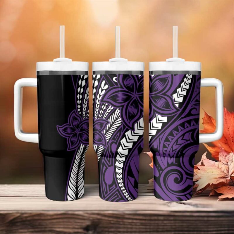 Polynesian Plumeria Floral Tattoo Purple Custom Stanley Quencher 40oz Stainless Steel Tumbler With Handle - Threewoofs - Image 4