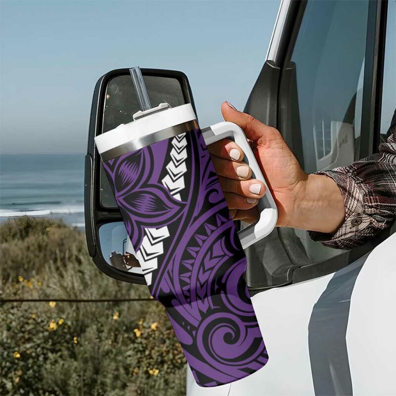 Polynesian Plumeria Floral Tattoo Purple Custom Stanley Quencher 40oz Stainless Steel Tumbler With Handle - Threewoofs - Image 7