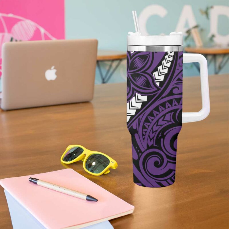 Polynesian Plumeria Floral Tattoo Purple Custom Stanley Quencher 40oz Stainless Steel Tumbler With Handle - Threewoofs - Image 5
