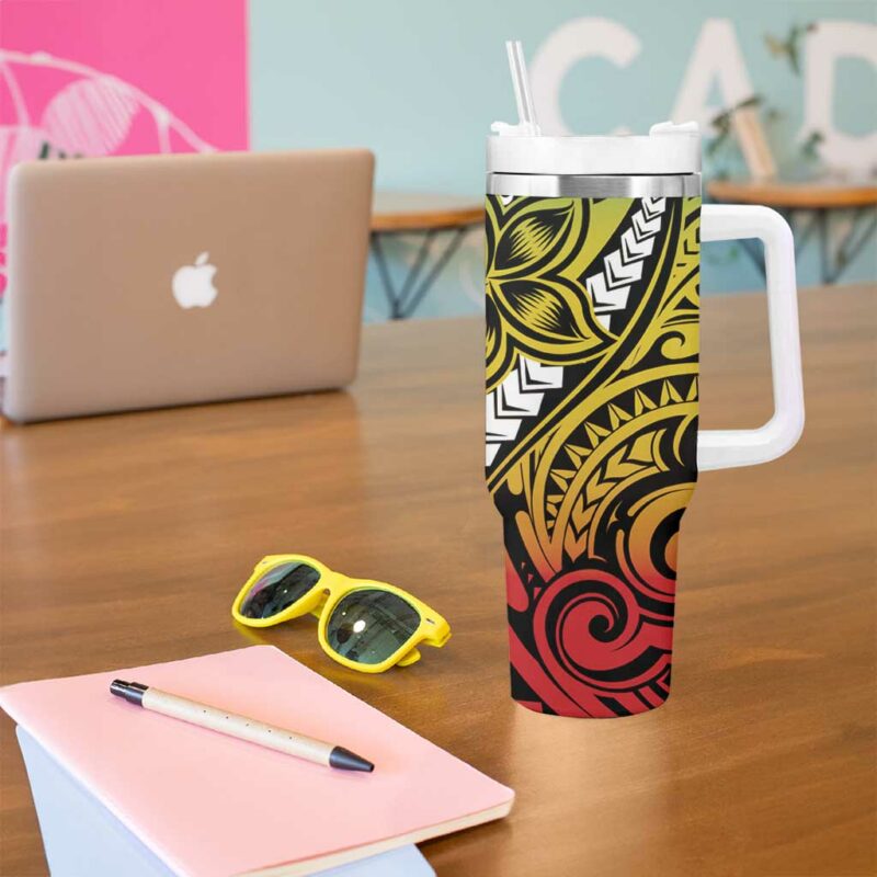 Polynesian Plumeria Floral Tattoo Reggae Custom Stanley Quencher 40oz Stainless Steel Tumbler With Handle - Threewoofs - Image 5