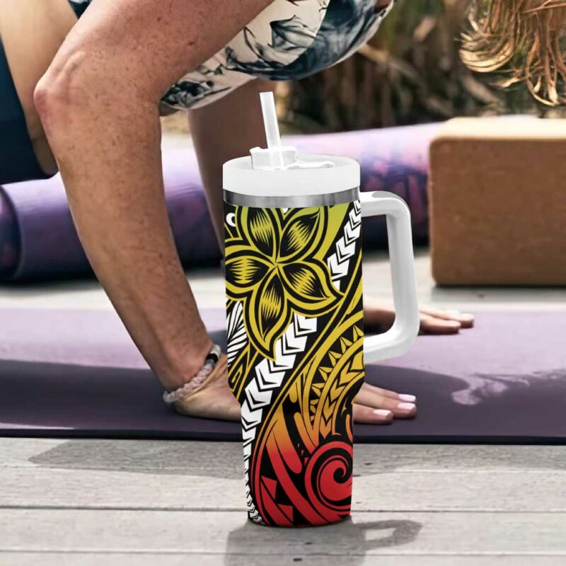 Polynesian Plumeria Floral Tattoo Reggae Custom Stanley Quencher 40oz Stainless Steel Tumbler With Handle - Threewoofs - Image 6