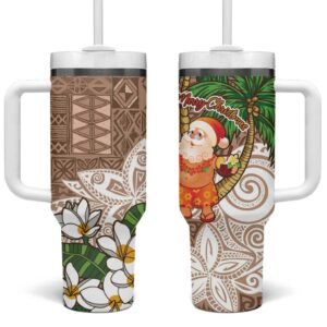 Polynesian Tropical anta Plumeria Beige Vintage Custom Stanley Quencher 40oz Stainless Steel Tumbler With Handle - Threewoofs