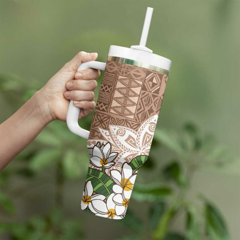 Polynesian Tropical anta Plumeria Beige Vintage Custom Stanley Quencher 40oz Stainless Steel Tumbler With Handle - Threewoofs - Image 3