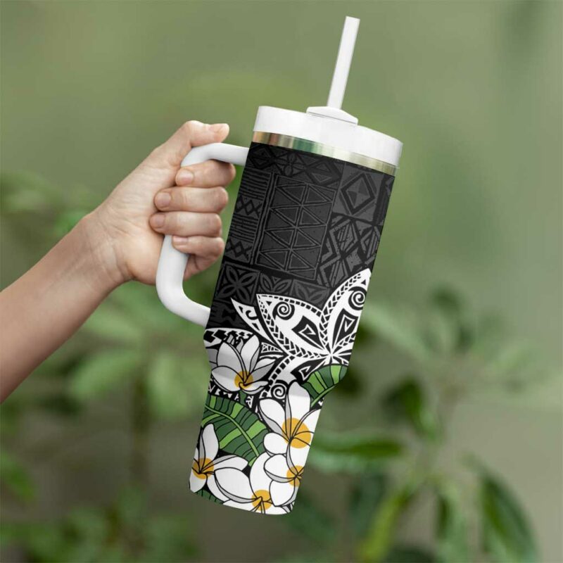 Polynesian Tropical anta Plumeria Black Vintage Custom Stanley Quencher 40oz Stainless Steel Tumbler With Handle - Threewoofs - Image 3