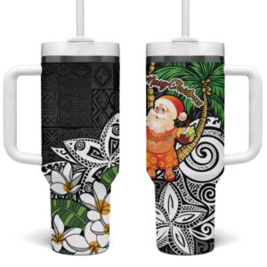 Polynesian Tropical anta Plumeria Black Vintage Custom Stanley Quencher 40oz Stainless Steel Tumbler With Handle - Threewoofs