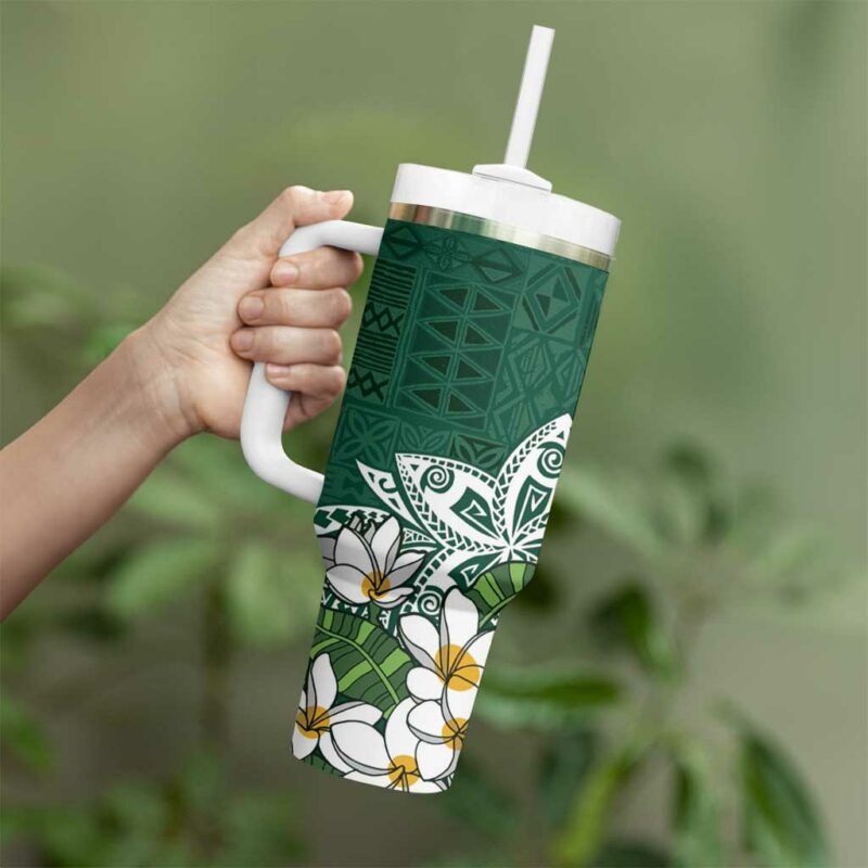 Polynesian Tropical anta Plumeria Green Vintage Custom Stanley Quencher 40oz Stainless Steel Tumbler With Handle - Threewoofs - Image 3