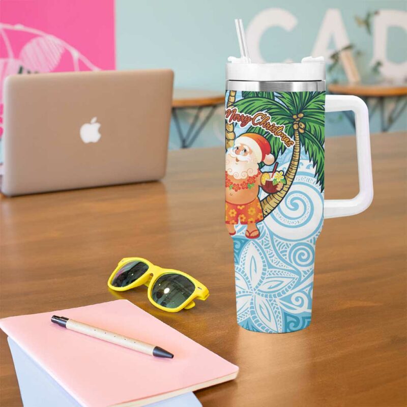 Polynesian Tropical anta Plumeria Turquoise Vintage Custom Stanley Quencher 40oz Stainless Steel Tumbler With Handle - Threewoofs - Image 5