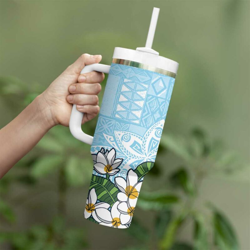 Polynesian Tropical anta Plumeria Turquoise Vintage Custom Stanley Quencher 40oz Stainless Steel Tumbler With Handle - Threewoofs - Image 3