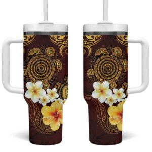 Polynesian Turtle Plumeria Hibiscus Oxblood Custom Stanley Quencher 40oz Stainless Steel Tumbler With Handle - Threewoofs