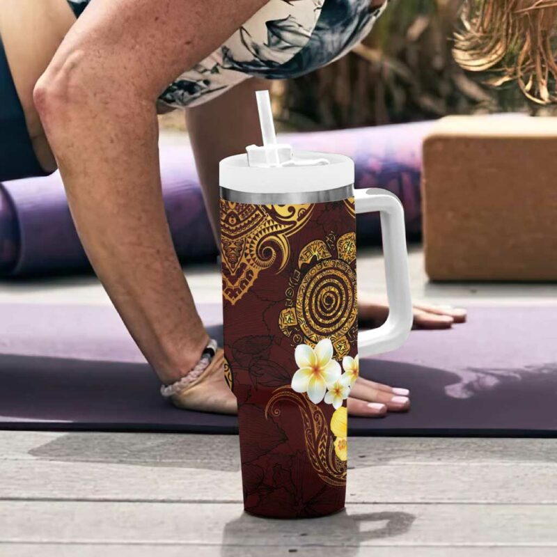 Polynesian Turtle Plumeria Hibiscus Oxblood Custom Stanley Quencher 40oz Stainless Steel Tumbler With Handle - Threewoofs - Image 6