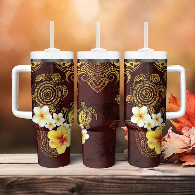 Polynesian Turtle Plumeria Hibiscus Oxblood Custom Stanley Quencher 40oz Stainless Steel Tumbler With Handle - Threewoofs - Image 4