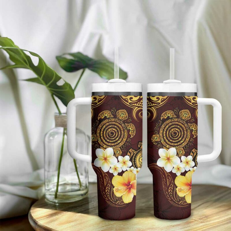 Polynesian Turtle Plumeria Hibiscus Oxblood Custom Stanley Quencher 40oz Stainless Steel Tumbler With Handle - Threewoofs - Image 9