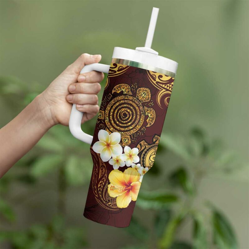 Polynesian Turtle Plumeria Hibiscus Oxblood Custom Stanley Quencher 40oz Stainless Steel Tumbler With Handle - Threewoofs - Image 3