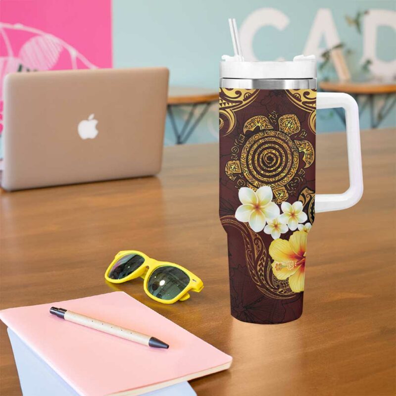 Polynesian Turtle Plumeria Hibiscus Oxblood Custom Stanley Quencher 40oz Stainless Steel Tumbler With Handle - Threewoofs - Image 5