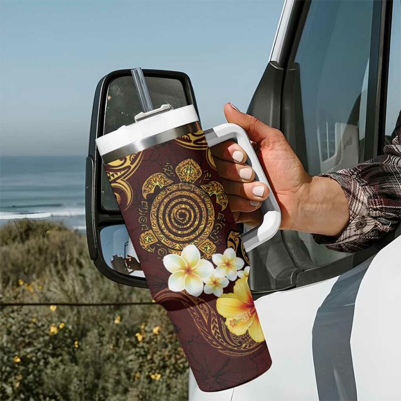 Polynesian Turtle Plumeria Hibiscus Oxblood Custom Stanley Quencher 40oz Stainless Steel Tumbler With Handle - Threewoofs - Image 7