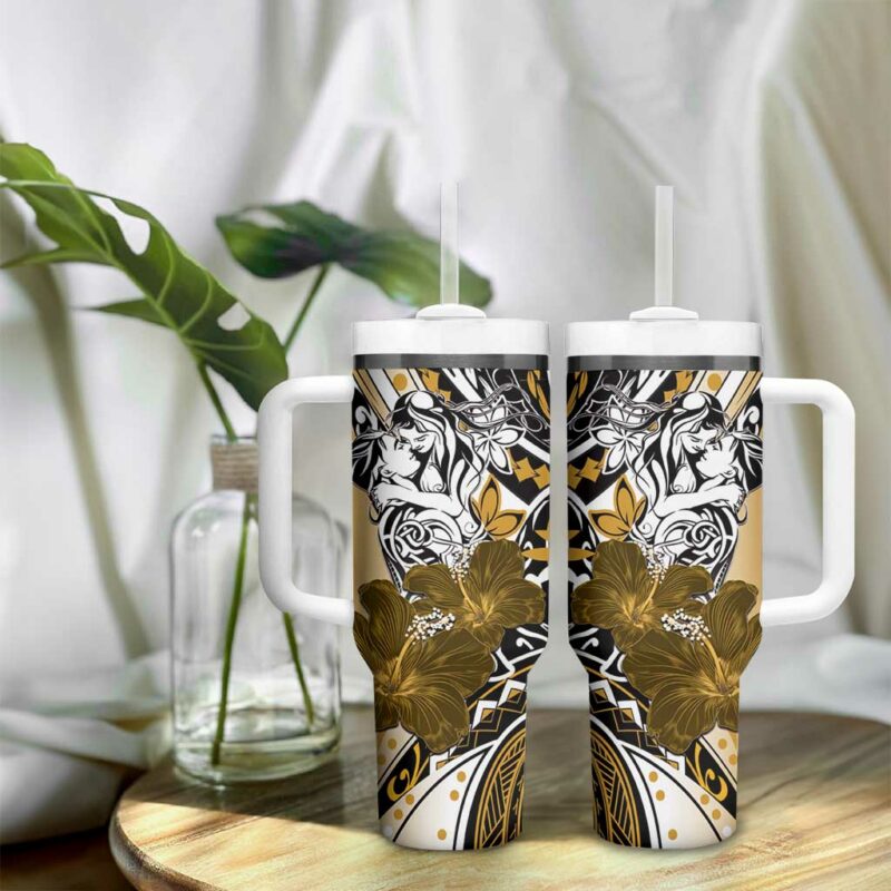 Polynesian Valentine Floral Gold Custom Stanley Quencher 40oz Stainless Steel Tumbler With Handle - Threewoofs - Image 9
