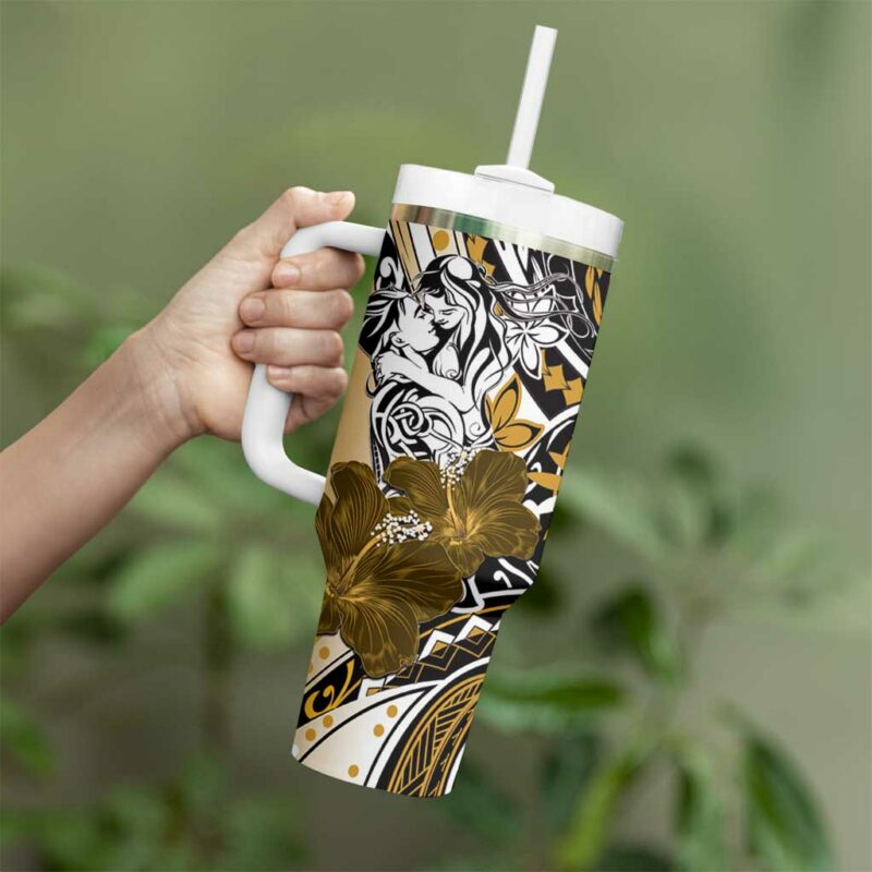 Polynesian Valentine Floral Gold Custom Stanley Quencher 40oz Stainless Steel Tumbler With Handle - Threewoofs - Image 3