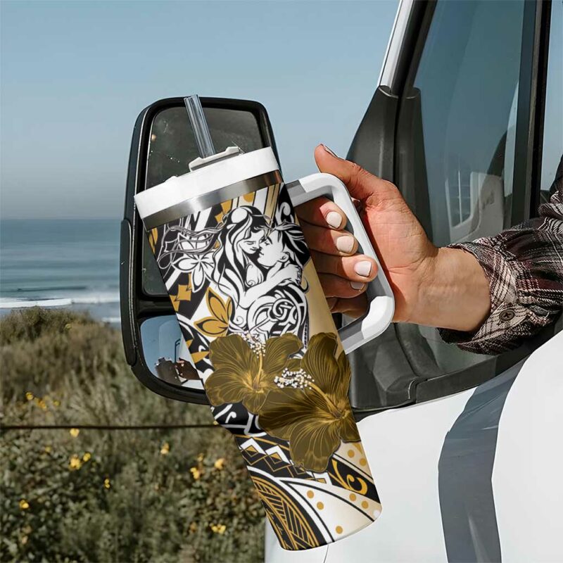 Polynesian Valentine Floral Gold Custom Stanley Quencher 40oz Stainless Steel Tumbler With Handle - Threewoofs - Image 7