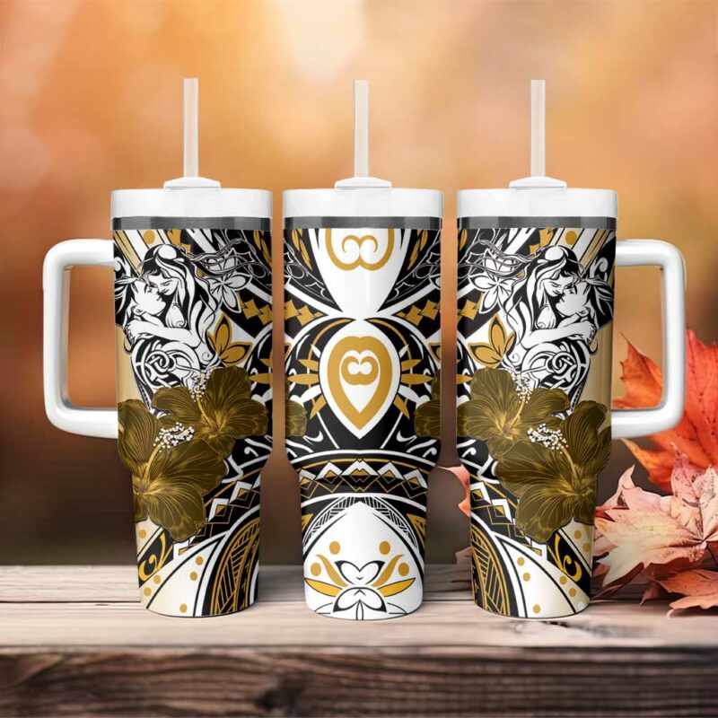 Polynesian Valentine Floral Gold Custom Stanley Quencher 40oz Stainless Steel Tumbler With Handle - Threewoofs - Image 4