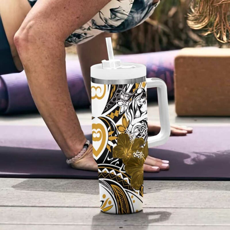 Polynesian Valentine Floral Gold Custom Stanley Quencher 40oz Stainless Steel Tumbler With Handle - Threewoofs - Image 6