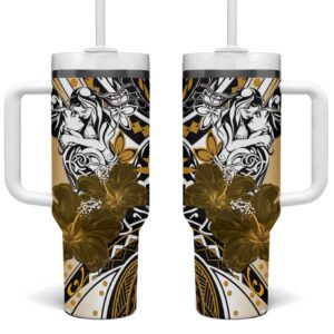 Polynesian Valentine Floral Gold Custom Stanley Quencher 40oz Stainless Steel Tumbler With Handle - Threewoofs
