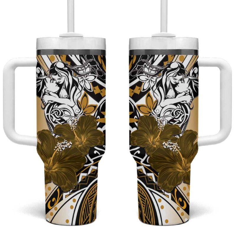 Polynesian Valentine Floral Gold Custom Stanley Quencher 40oz Stainless Steel Tumbler With Handle - Threewoofs