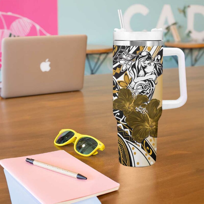 Polynesian Valentine Floral Gold Custom Stanley Quencher 40oz Stainless Steel Tumbler With Handle - Threewoofs - Image 5