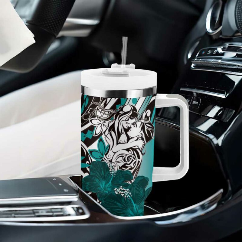 Polynesian Valentine Floral Teal Custom Stanley Quencher 40oz Stainless Steel Tumbler With Handle - Threewoofs - Image 8