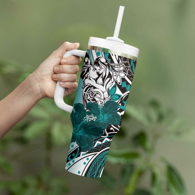 Polynesian Valentine Floral Teal Custom Stanley Quencher 40oz Stainless Steel Tumbler With Handle - Threewoofs - Image 3