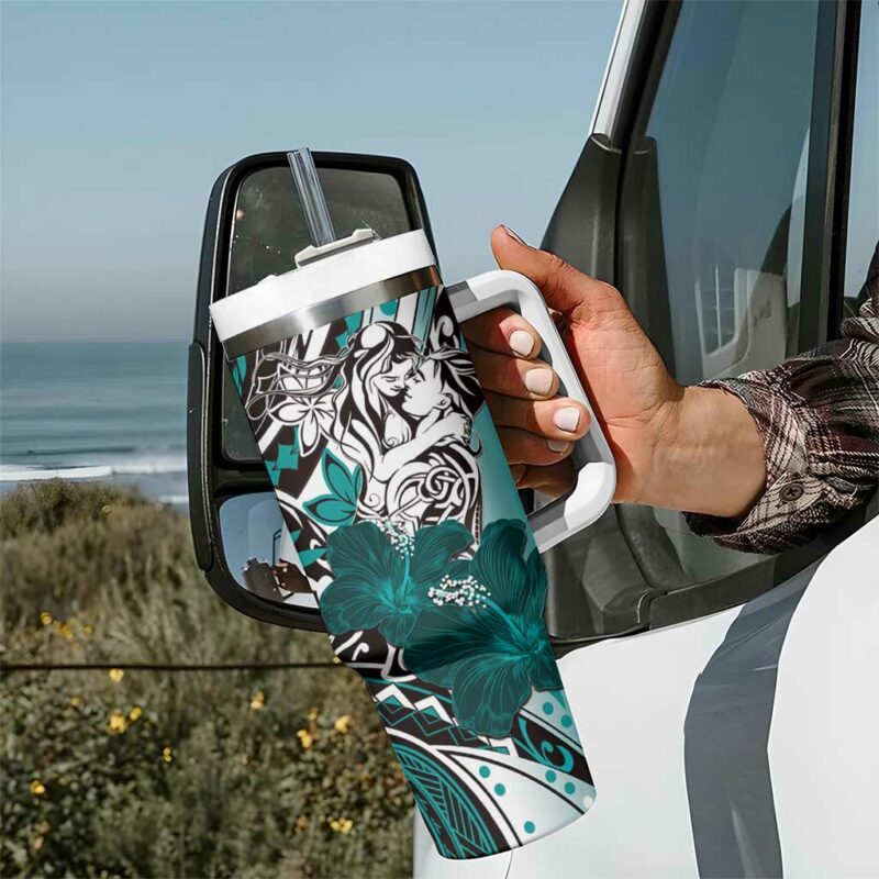 Polynesian Valentine Floral Teal Custom Stanley Quencher 40oz Stainless Steel Tumbler With Handle - Threewoofs - Image 7