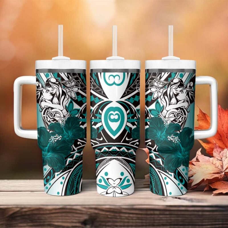 Polynesian Valentine Floral Teal Custom Stanley Quencher 40oz Stainless Steel Tumbler With Handle - Threewoofs - Image 4