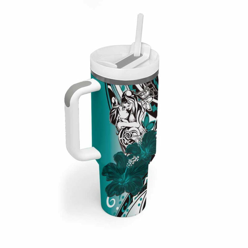 Polynesian Valentine Floral Teal Custom Stanley Quencher 40oz Stainless Steel Tumbler With Handle - Threewoofs - Image 2