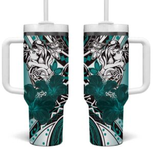 Polynesian Valentine Floral Teal Custom Stanley Quencher 40oz Stainless Steel Tumbler With Handle - Threewoofs