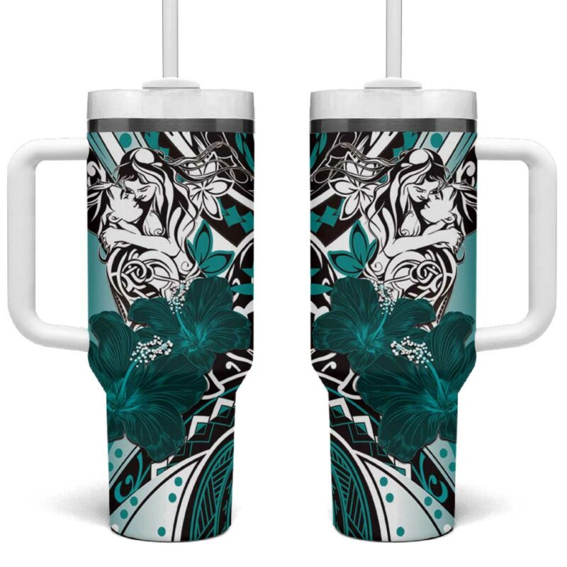 Polynesian Valentine Floral Teal Custom Stanley Quencher 40oz Stainless Steel Tumbler With Handle - Threewoofs