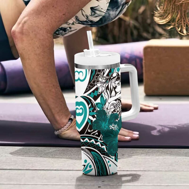 Polynesian Valentine Floral Teal Custom Stanley Quencher 40oz Stainless Steel Tumbler With Handle - Threewoofs - Image 6