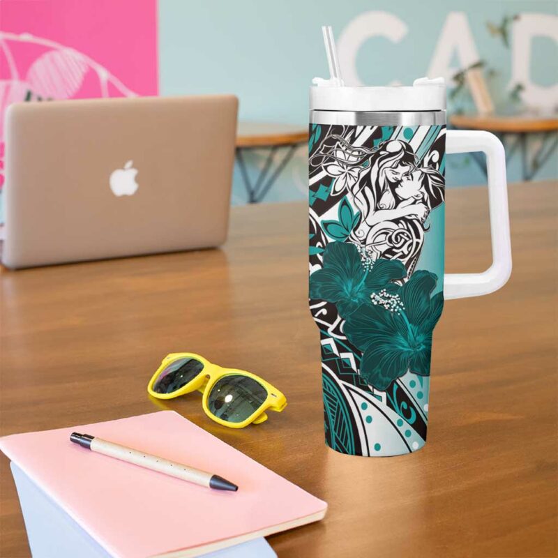 Polynesian Valentine Floral Teal Custom Stanley Quencher 40oz Stainless Steel Tumbler With Handle - Threewoofs - Image 5