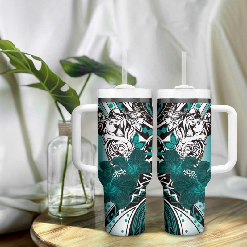 Polynesian Valentine Floral Teal Custom Stanley Quencher 40oz Stainless Steel Tumbler With Handle - Threewoofs - Image 9