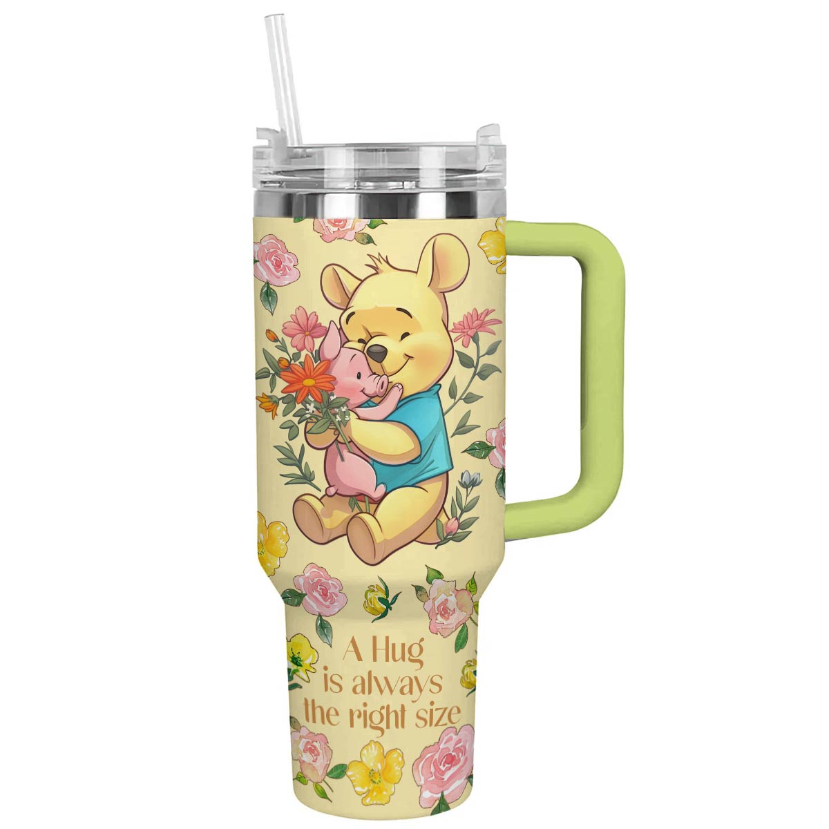 Winnie the Pooh & Piglet Hug Tumbler - Cute Floral Insulated Travel Mug - Image 2