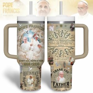 Pope Francis Custom Stanley Quencher 40oz Stainless Steel Tumbler With Handle - Threewoofs