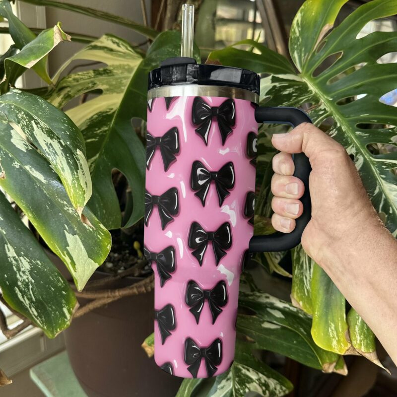 Pretty black Bows Custom Stanley Quencher 40oz Stainless Steel Tumbler With Handle - Threewoofs - Image 3