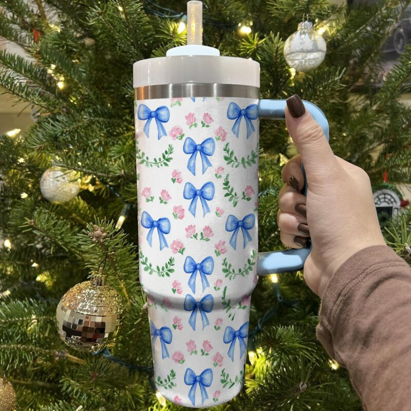 Pretty blue Bows Custom Stanley Quencher 40oz Stainless Steel Tumbler With Handle - Threewoofs - Image 3